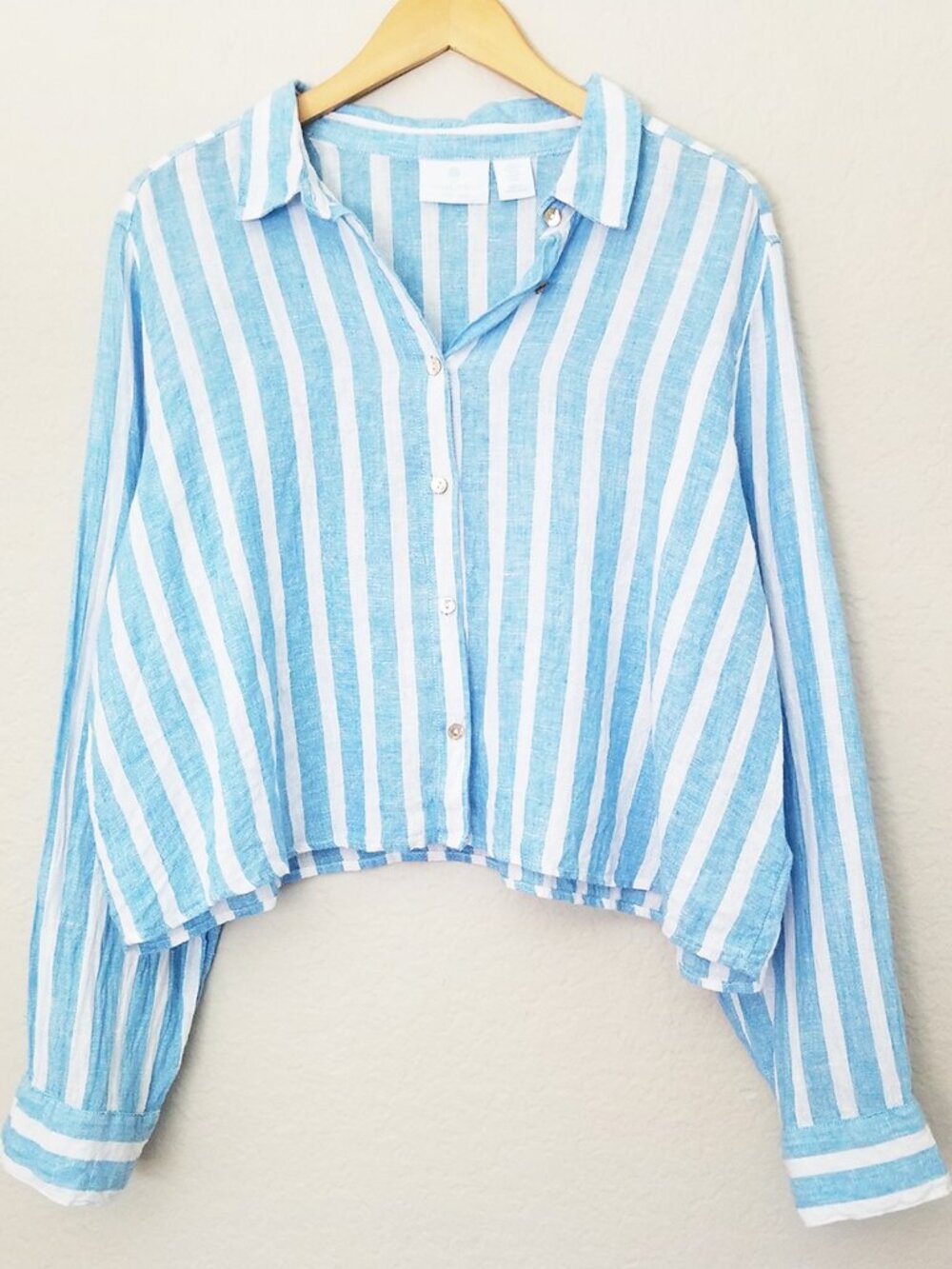 Cynthia Rowley XL 100% Linen Blue White Striped Boxy Button Front Shirt Top Crop